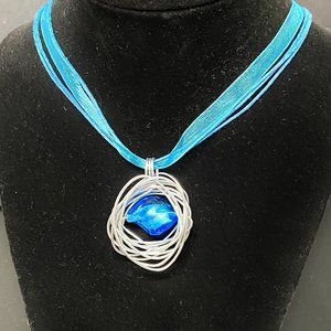 Stunning Blue Glass Twisted Bead Wire Wrapped Necklace Handcrafted by Artisan